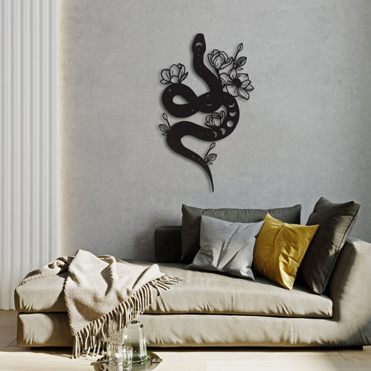 Black Snake Metal Wall Art – Floral Serpent Home Decor for Modern Interiors