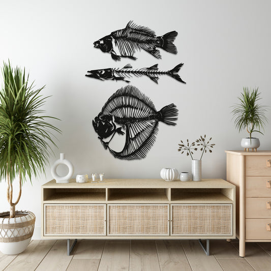 Fish Metal Wall Art Set of 3, Fishbones Wall Decor, School of Fish Decor, Fish Skeleton Decor, Bathroom Decor, Nautical Gift, Interior Decor